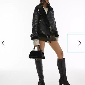 NEW Topshop faux leather shearling aviator biker jacket in black
